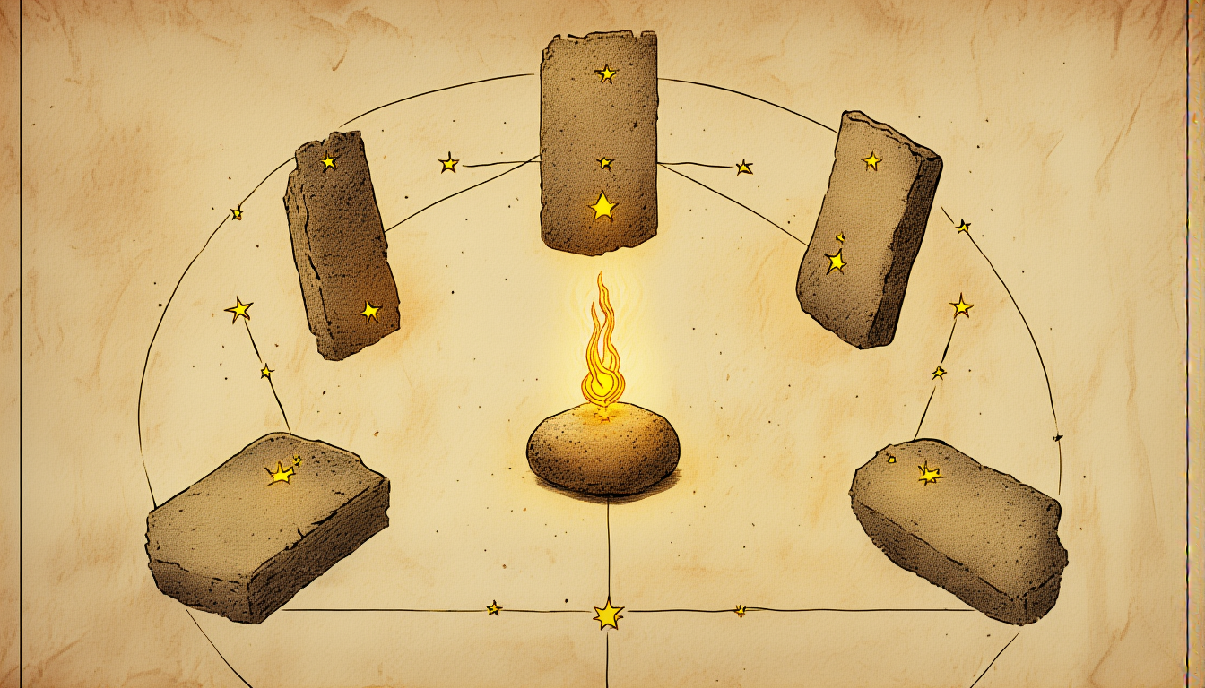 Five stone tablets arranged in a circle around a central flame