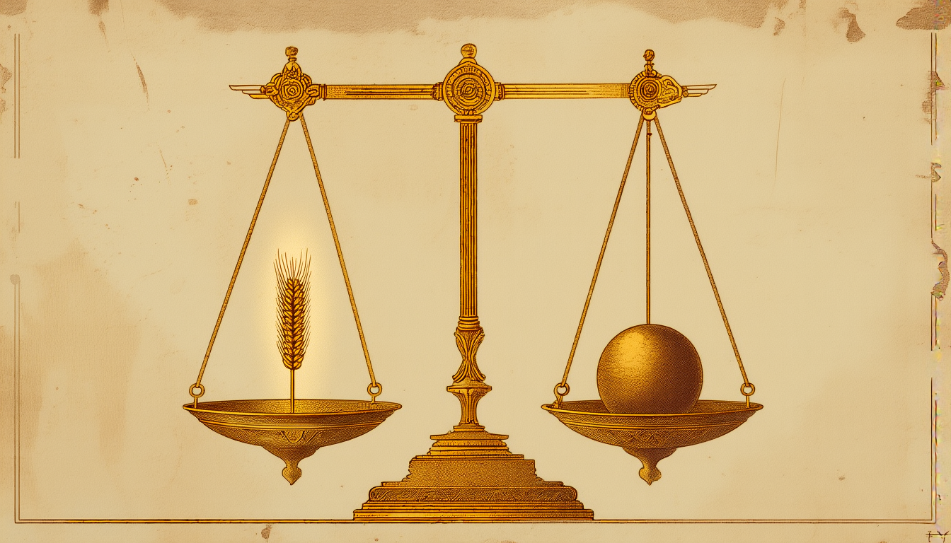 A golden scale in perfect balance, wheat sheaf against a sphere of light