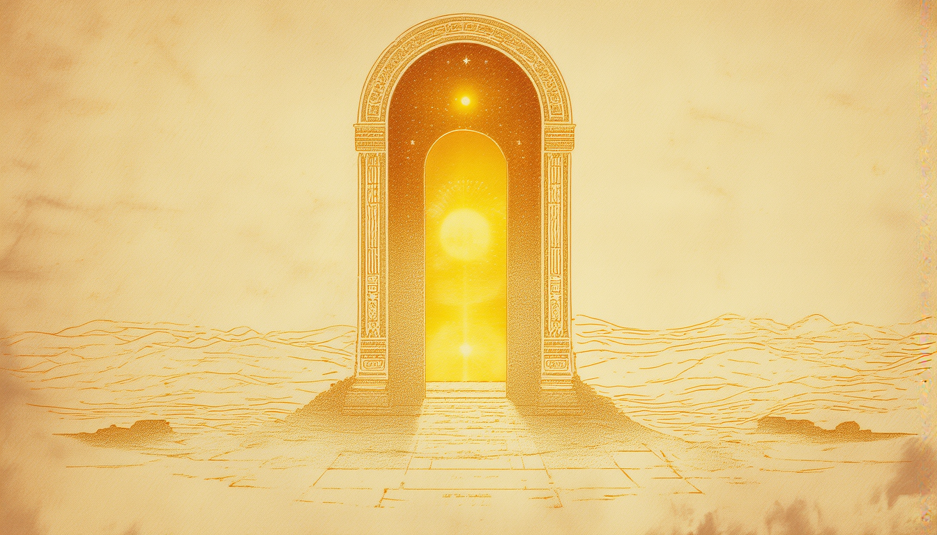 A golden doorway of light opening in a stone arch